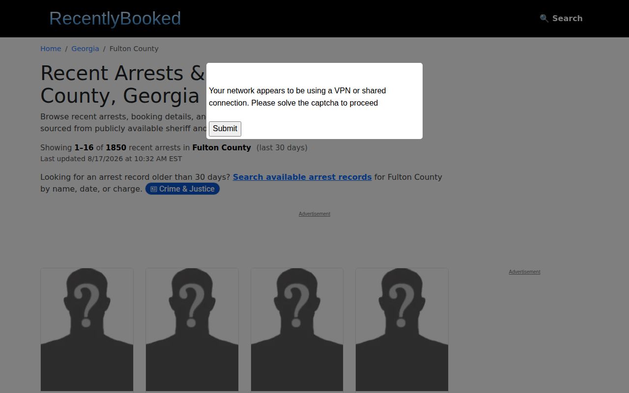 Recently Booked Fulton County secondary booking page with an unofficial refresh claim