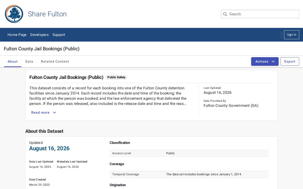 Fulton County public jail bookings data for booking and release records