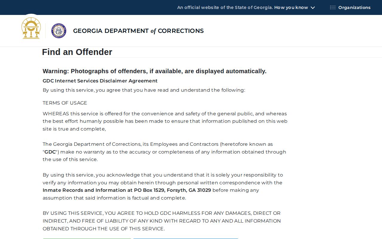 Georgia Department of Corrections offender search form for sentenced records