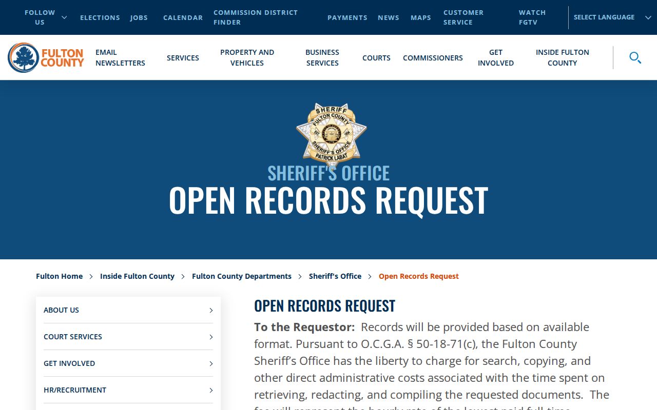Fulton County Sheriff's Office open records request information for booking records