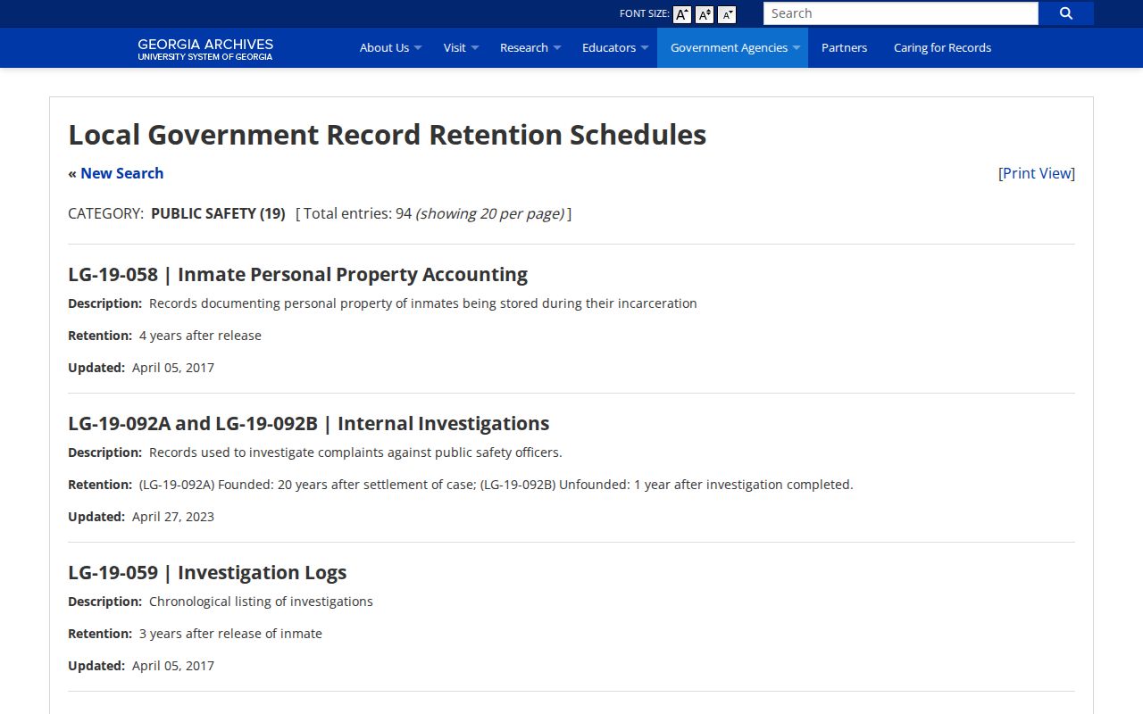 Georgia Archives retention schedule for Fulton County jail booking records