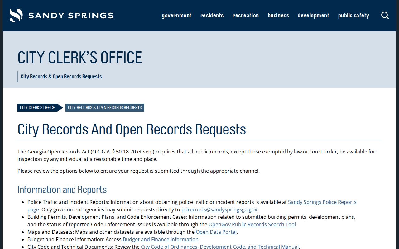 Sandy Springs city and police records policy for local incident records