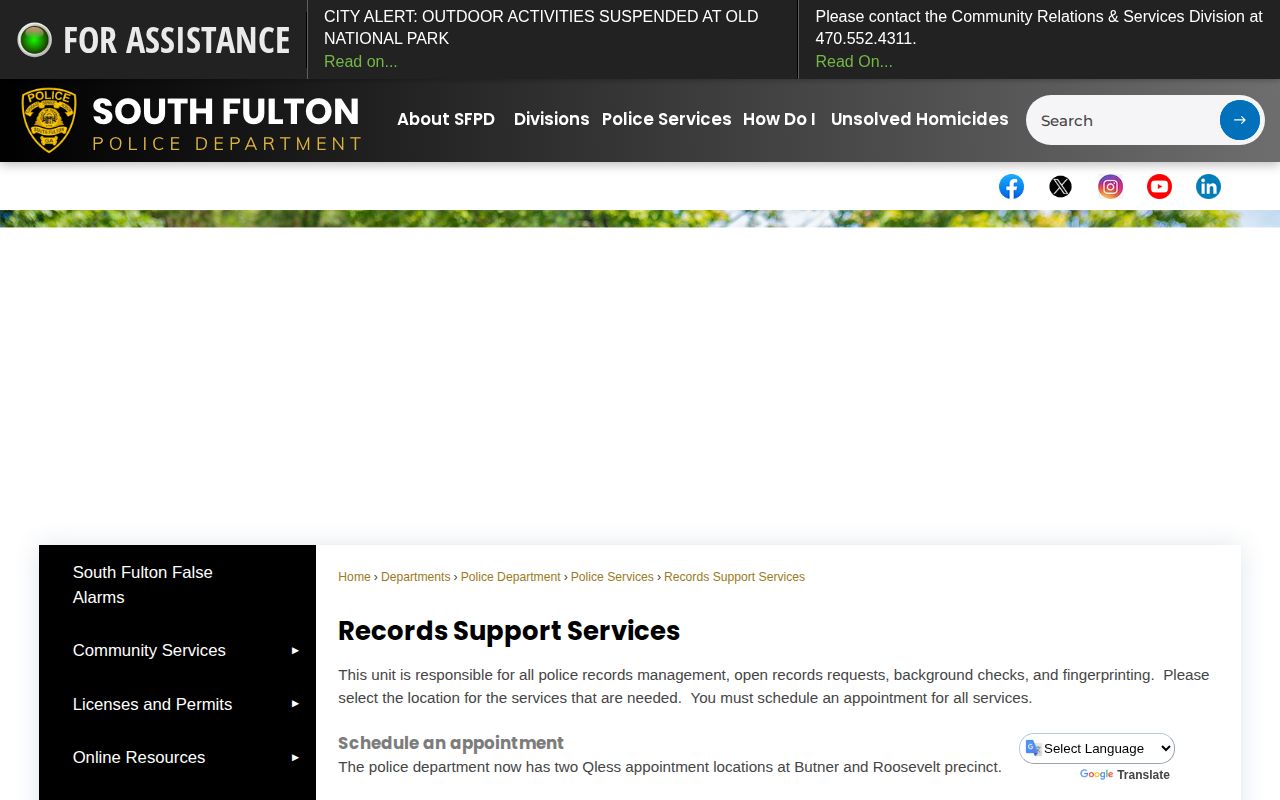 South Fulton Police Records Support page for local arrest and incident records
